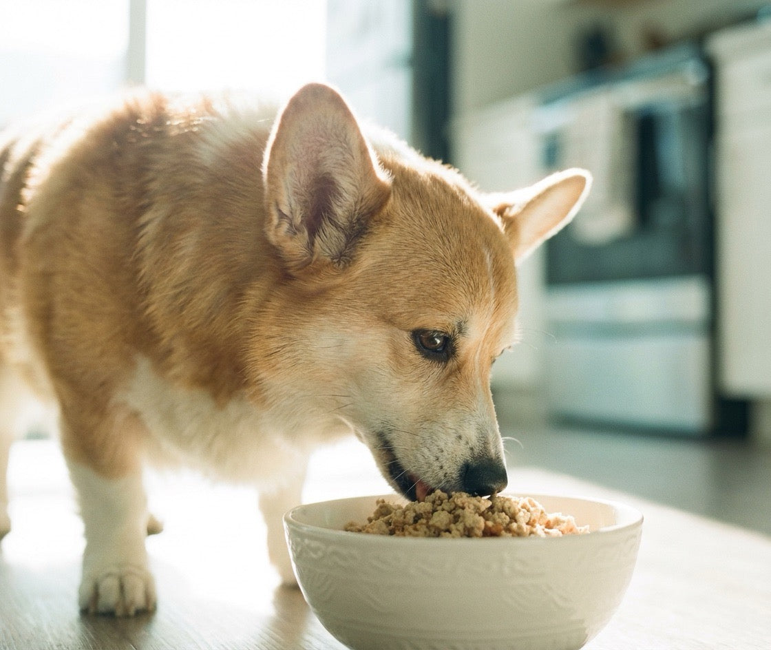 Dog eating from a bowl on a wooden floor