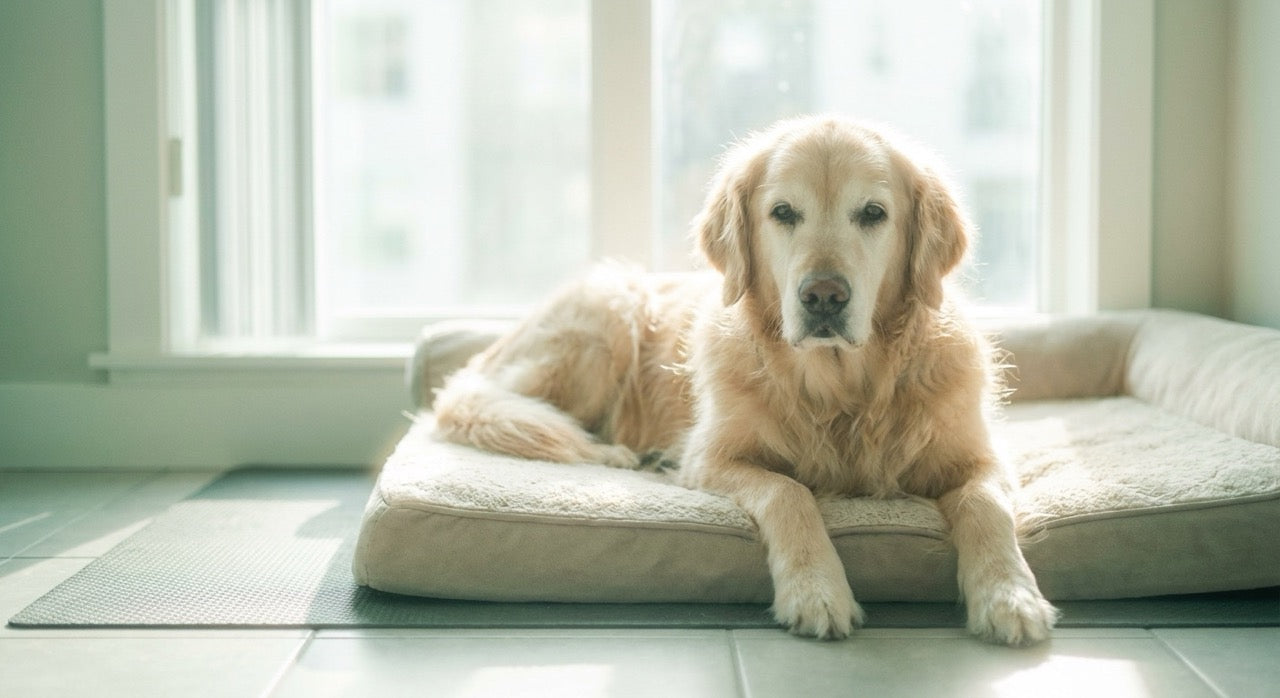 Dog lying on a cushion in a bright room with large windows.