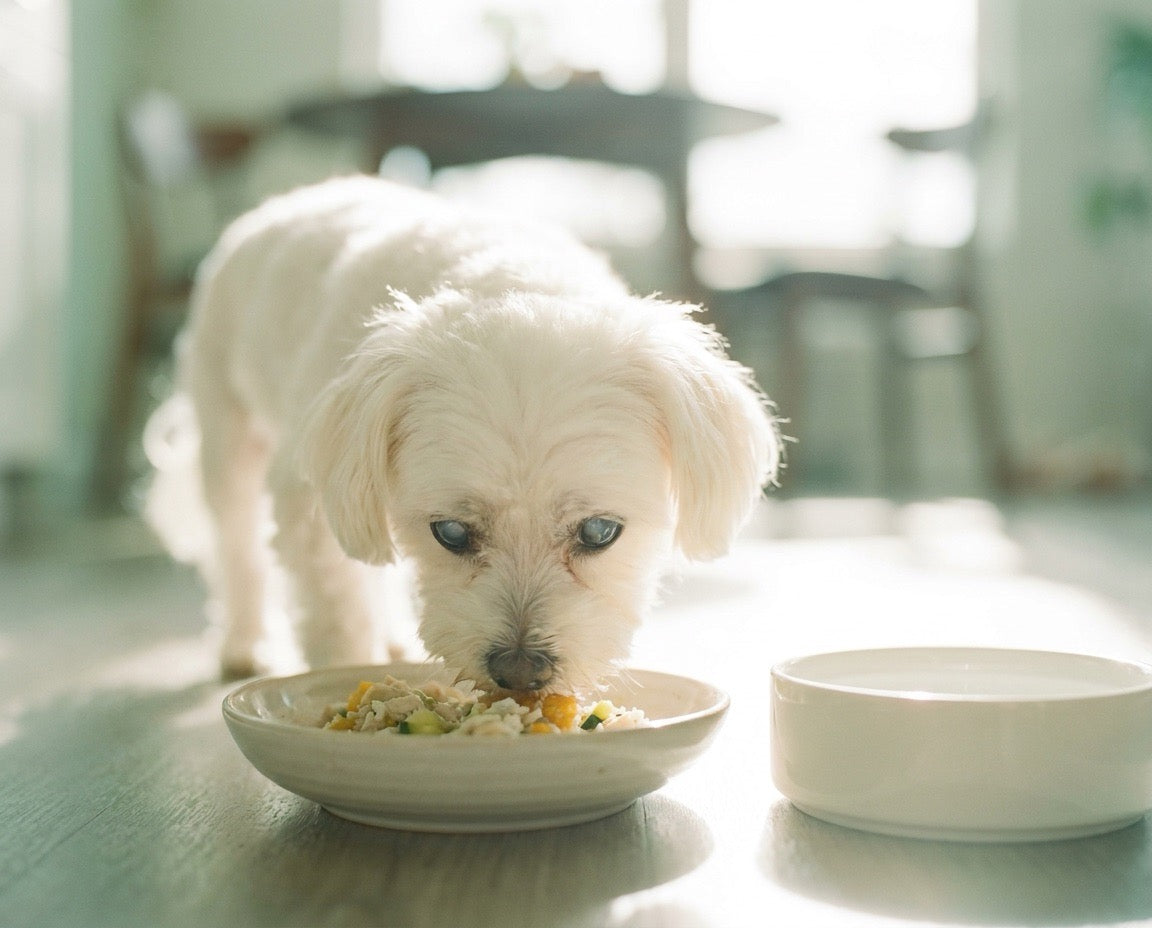 Senior Maltese eating moisture-rich fresh dog food to support hydration and kidney care.

