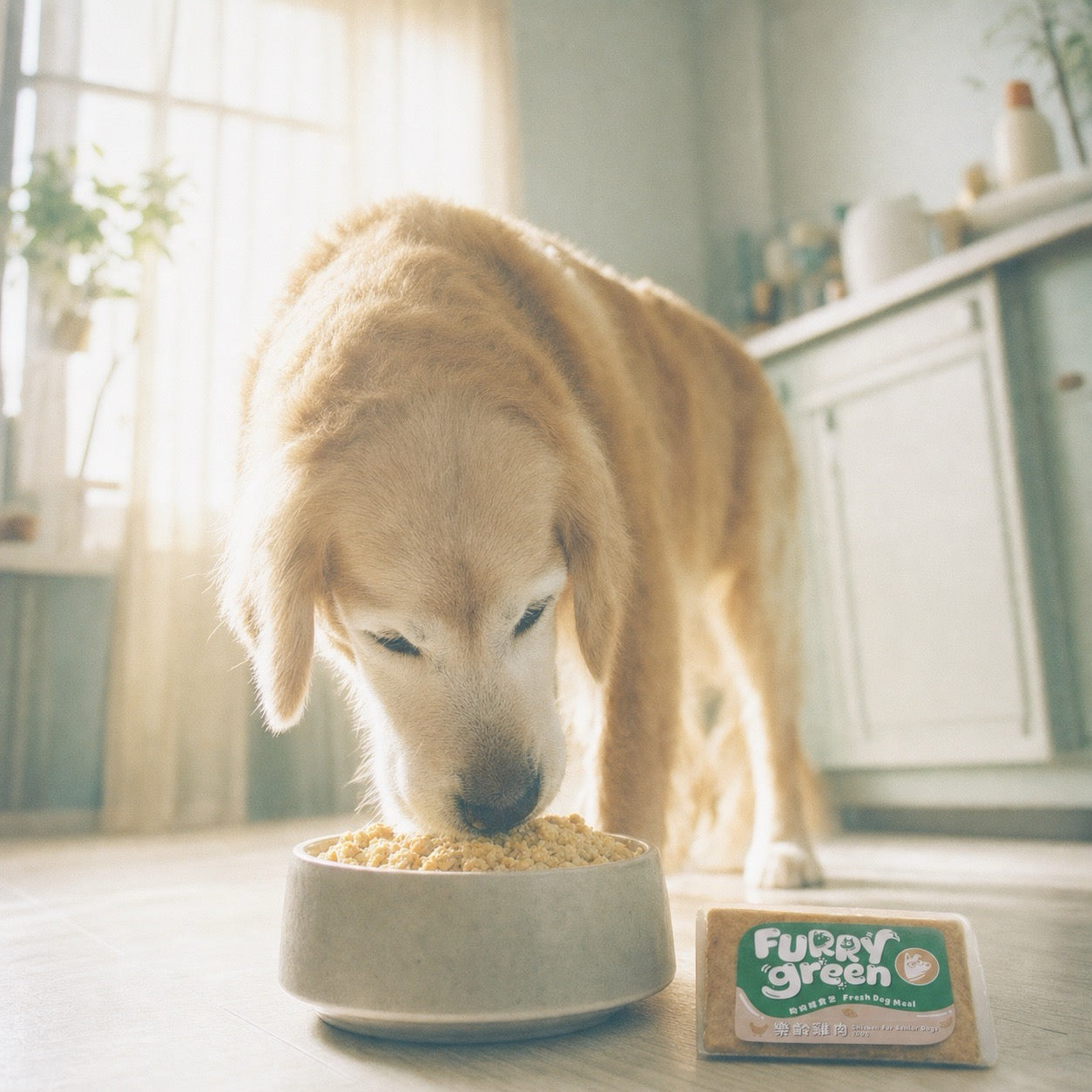 A golden retriever dog eating from a ceramic bowl in a softly lit kitchen, with a package of Furry Green fresh dog food for senior dog placed beside the bowl.