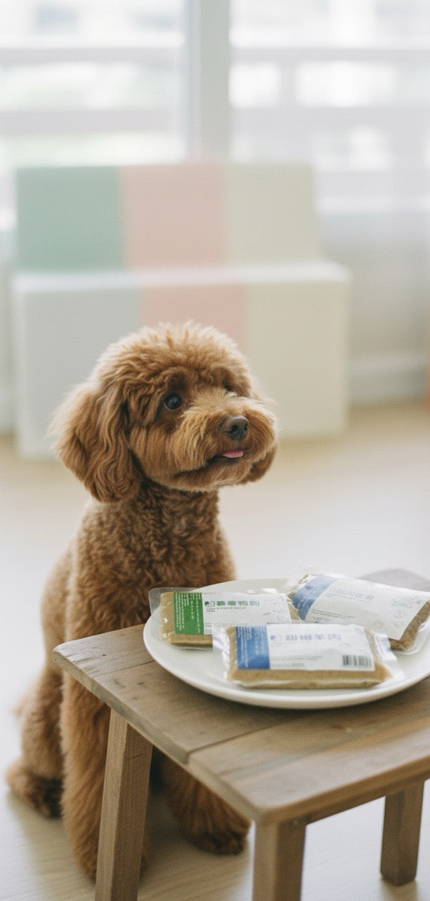 poodle dog sitting on a wooden floor with a small table in front of it, displaying furry green hypoallergenic fresh pet products.