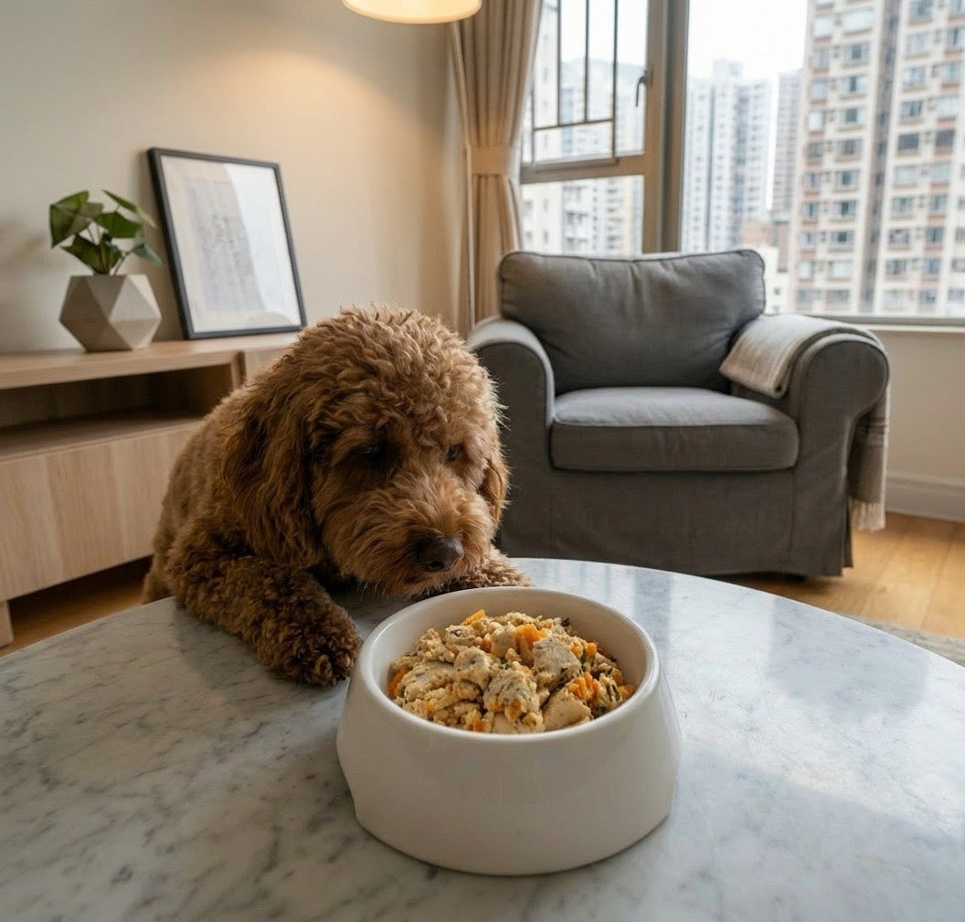 Poodle looking at a bowl of Furry Green fresh dog food on a table in a living room.