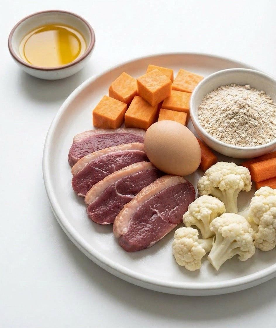 Assorted food items including meat, vegetables, and an egg on a white plate with a small bowl of oil.