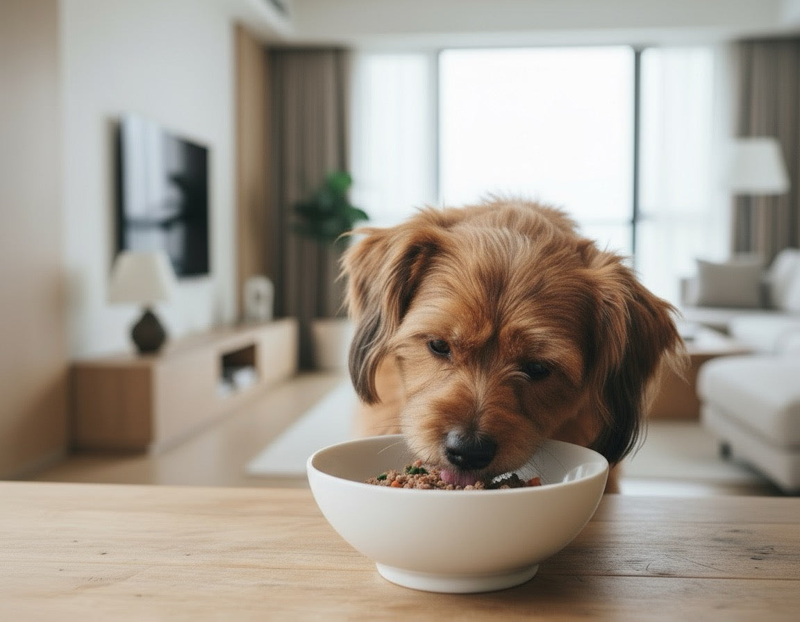 Tang gau eating fresh gently cooked dog food